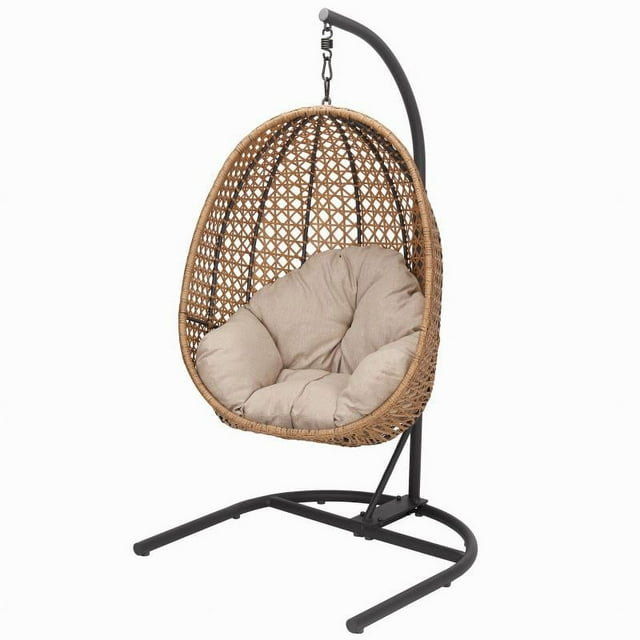 Better Homes & Gardens Outdoor Lantis Patio Hanging Egg Chair with Stand - Tan Wicker, Beige Cushion