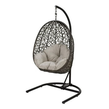 Better Homes & Gardens Outdoor Lantis Patio Wicker Hanging Egg Chair with Stand - Brown Wicker, Beige Cushion