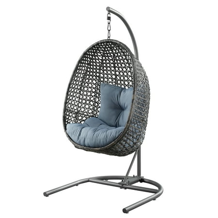 Better Homes & Gardens Outdoor Lantis Patio Wicker Hanging Egg Chair with Stand - Grey Wicker, Blue Cushion