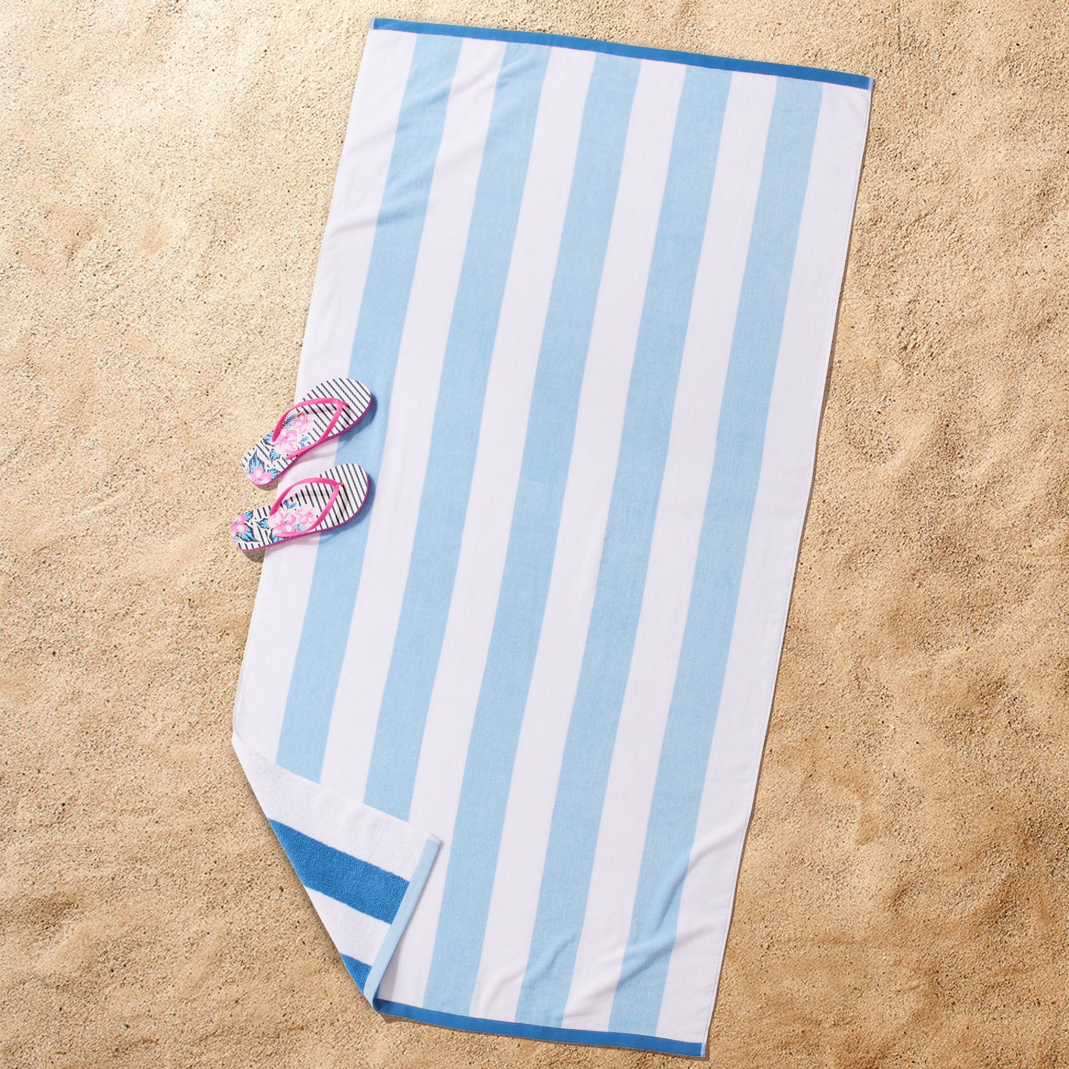 Better Homes & Gardens Oversized Reversible Cotton Blend Blue Cabana Striped Beach Towel, 38” x 72"