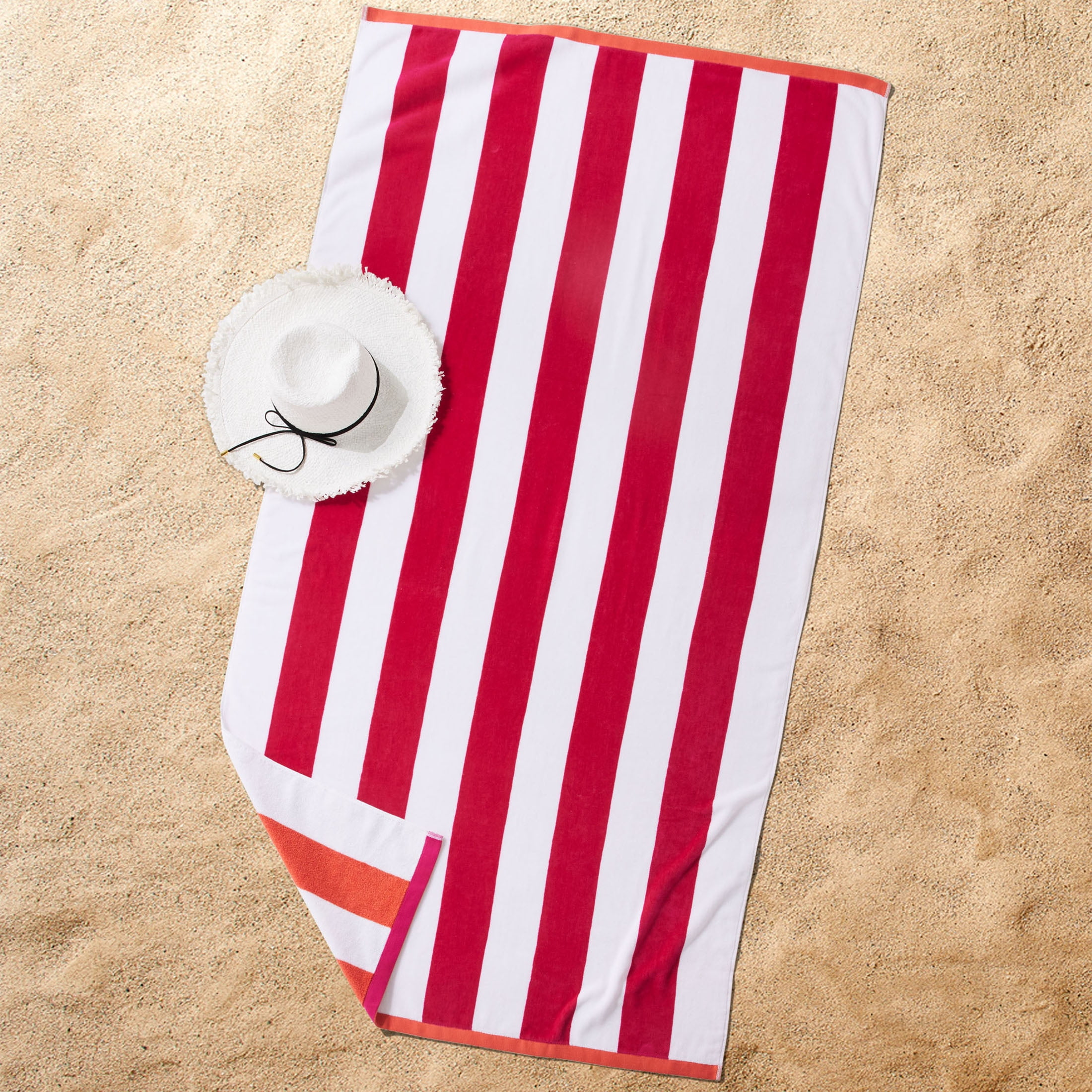 Better Homes & Gardens Oversized Reversible Cotton Blend Red & Orange Cabana Striped Beach Towel, 38” x 72"