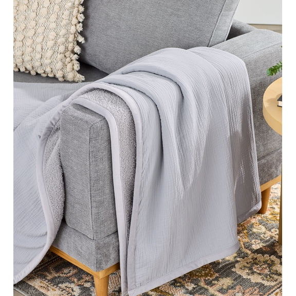 Better Homes & Gardens Oversized Reversible Gauze to Cozy Knit Throw Blanket, Soft Silver