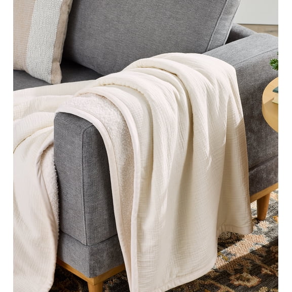 Better Homes & Gardens Oversized Reversible Throw Blanket, Gauze to Cozy Knit, Vanilla Dream
