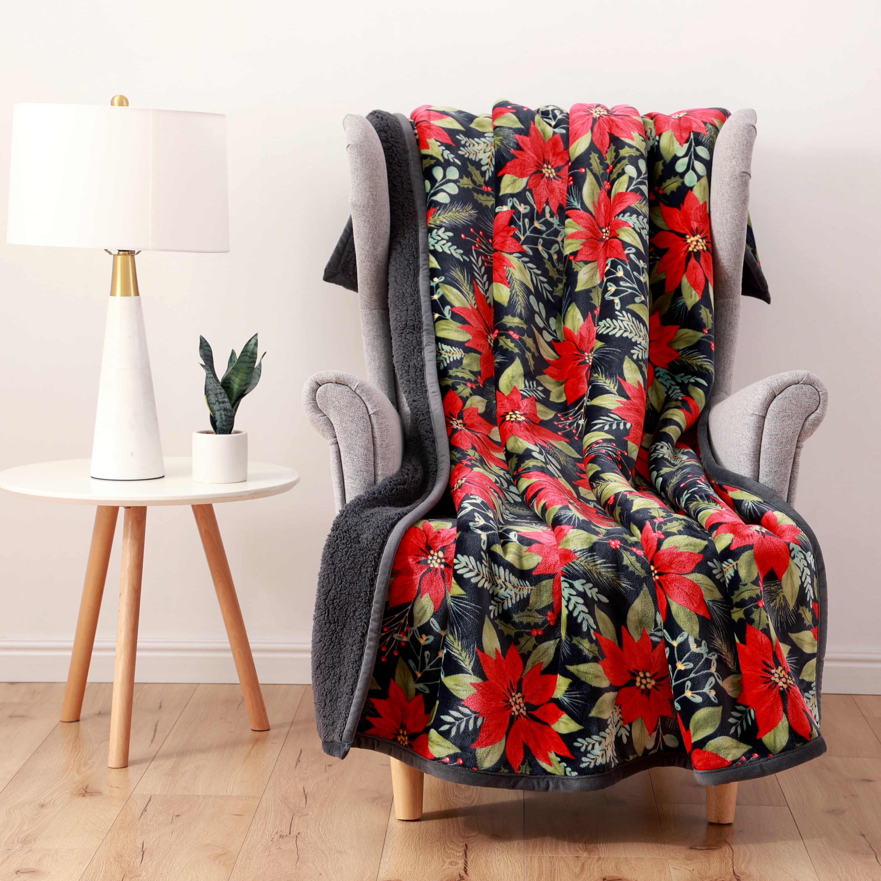 Better Homes & Gardens Poinsettia Velvet Plush Sherpa Throw, 50” x