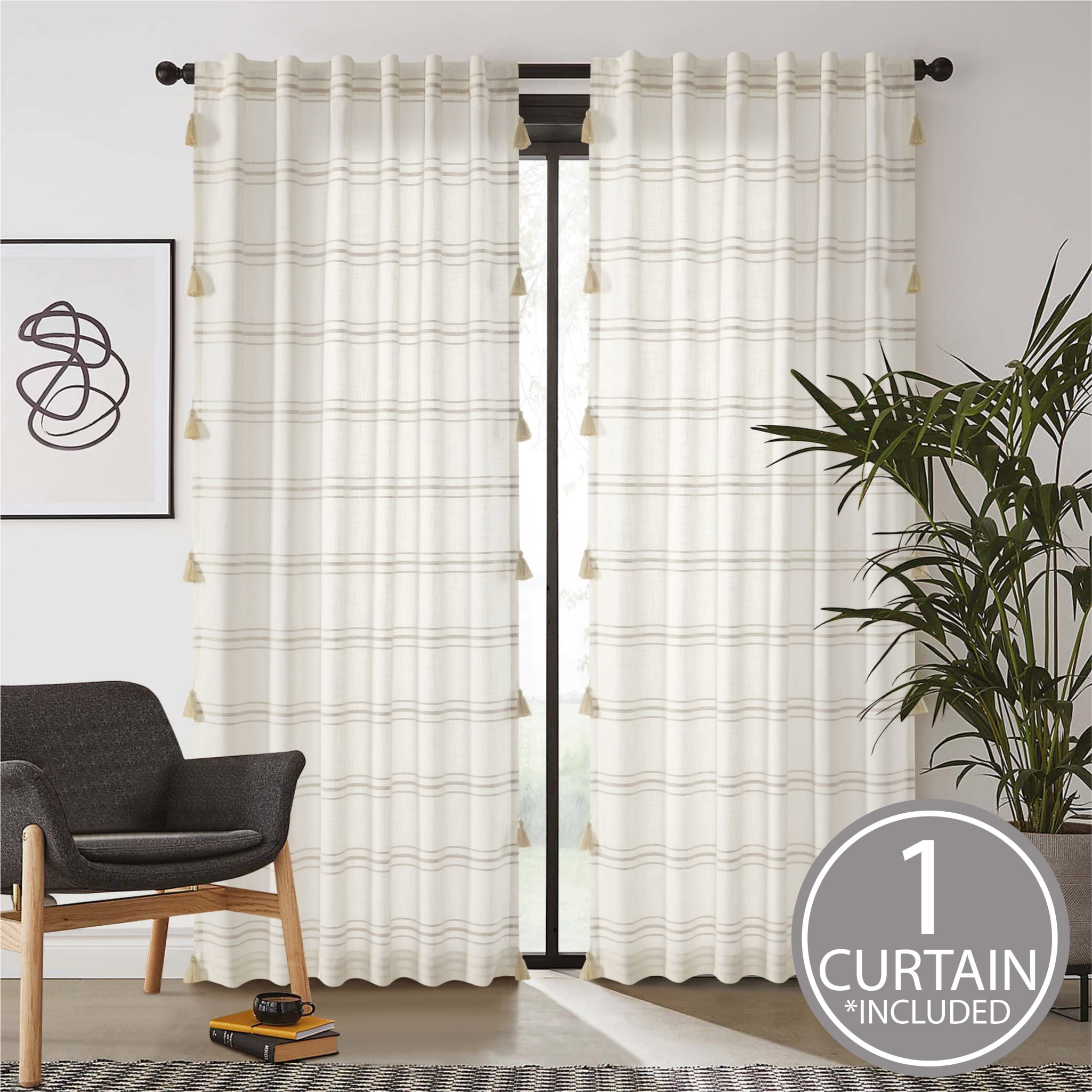 Better Homes & Gardens Polyester-Cotton Light Filtering Stripe Tassels Curtain Panel, 1-Piece, Beige, 50" W x 84" L