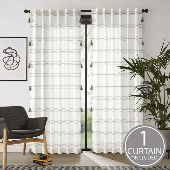 Better Homes & Gardens Polyester-Cotton Light Filtering Stripe Tassels Curtain Panel, 1-Piece, Grey, 50" W x 95" L