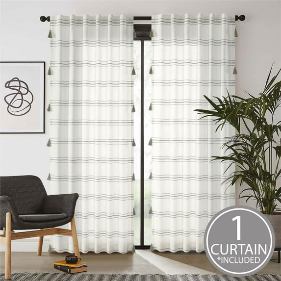 Better Homes & Gardens Polyester-Cotton Light Filtering Stripe Tassels Curtain Panel, 1-Piece, Green, 50" W x 84" L