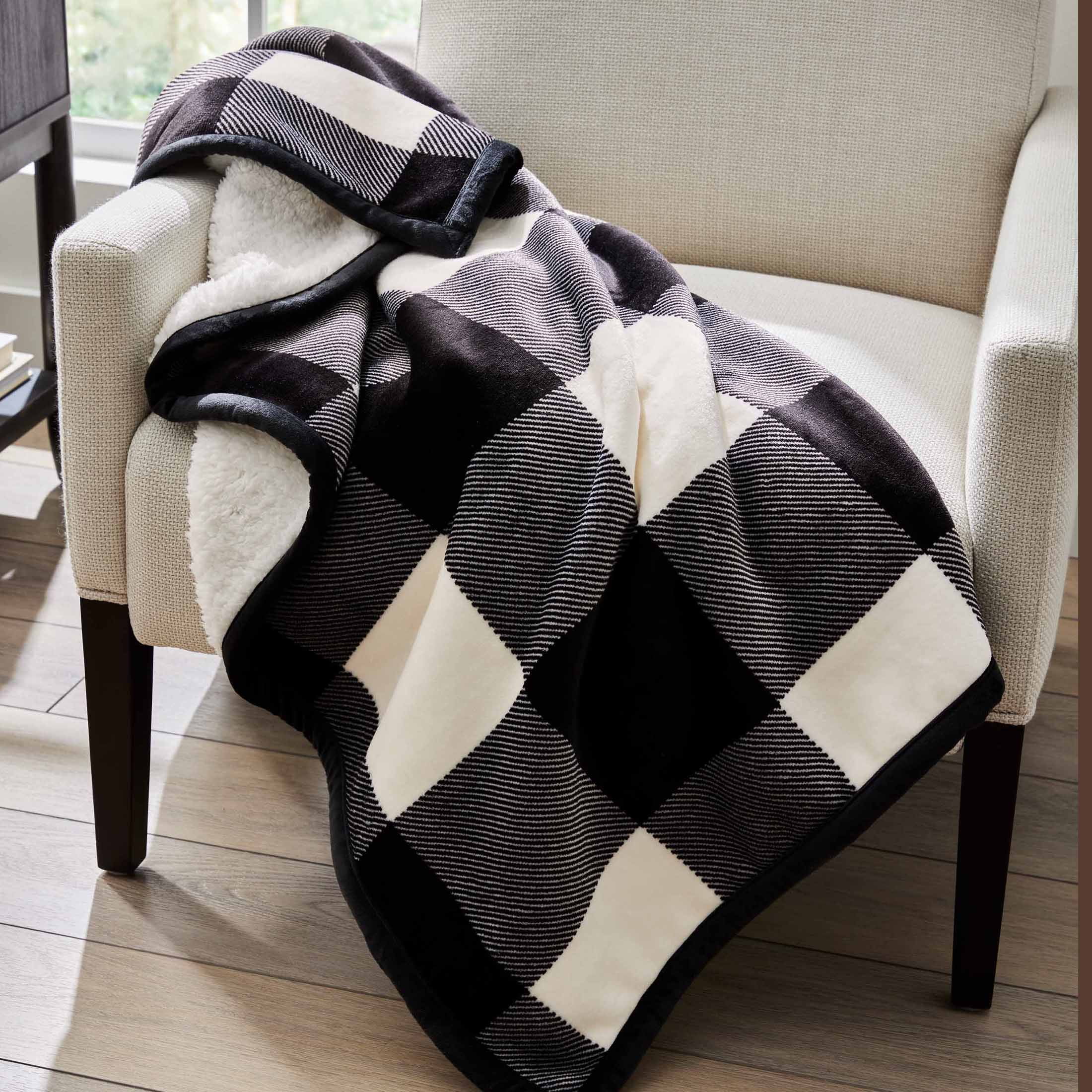Better Homes Gardens Printed Reverse Faux Shearling Throw Black Buffalo Plaid 50 x 60