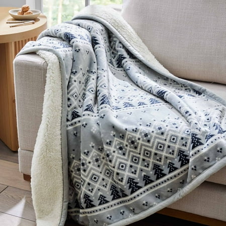 Better Homes & Gardens Printed VelvetLoft Reverse Faux Shearling Adult Throw, 50” x 60”, Fair Isle Grey