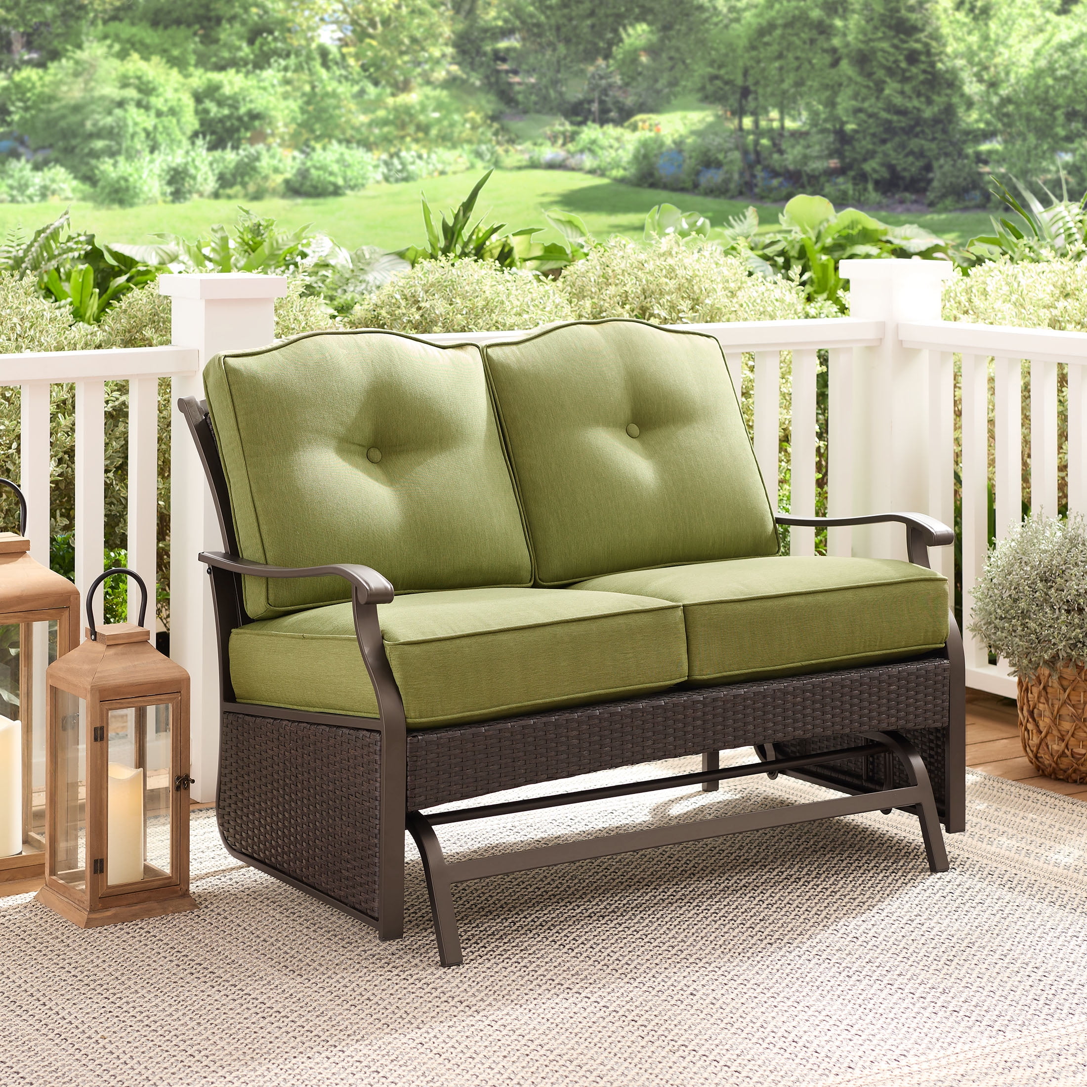 Better Homes Gardens Providence Steel Outdoor Glider Loveseat with Cushions Green Bronze