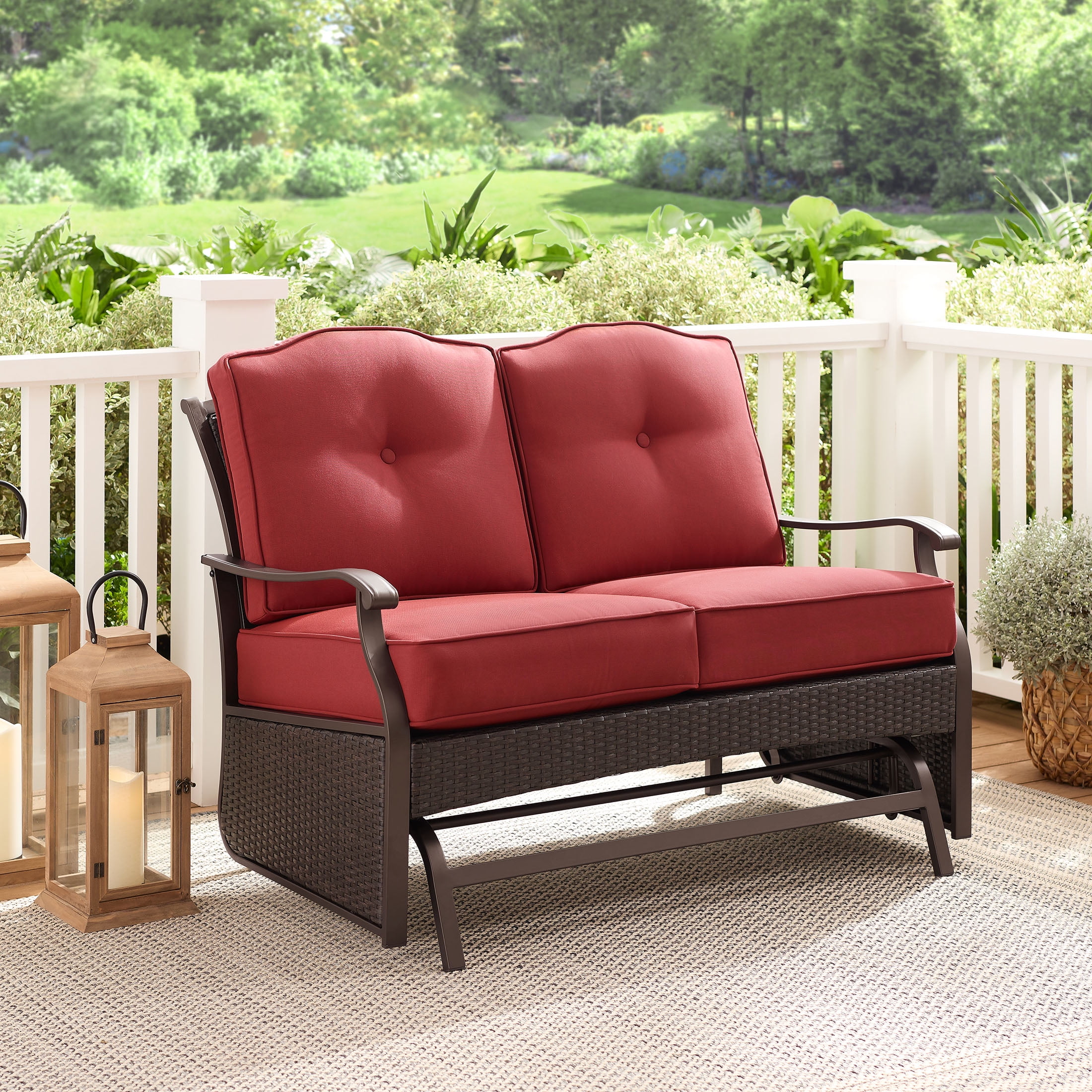 Buy 2 Person Outdoor Sling Fabric Double Glider Rocking Chair With Table And Umbrella Hole Waterproof And Uv Resistant Material Patio Chair Glider Swing Chair With Table Light Brown