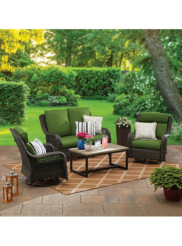 Better Homes & Gardens Ravenbrooke 4-Piece Outdoor Wicker Swivel Chair Conversation Set, Green