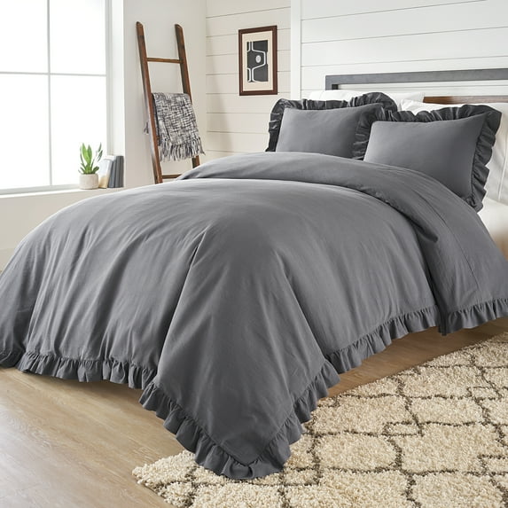 Better Homes & Gardens Raw Edge Gray Ruffle Duvet Cover Set, Queen (3 Count)