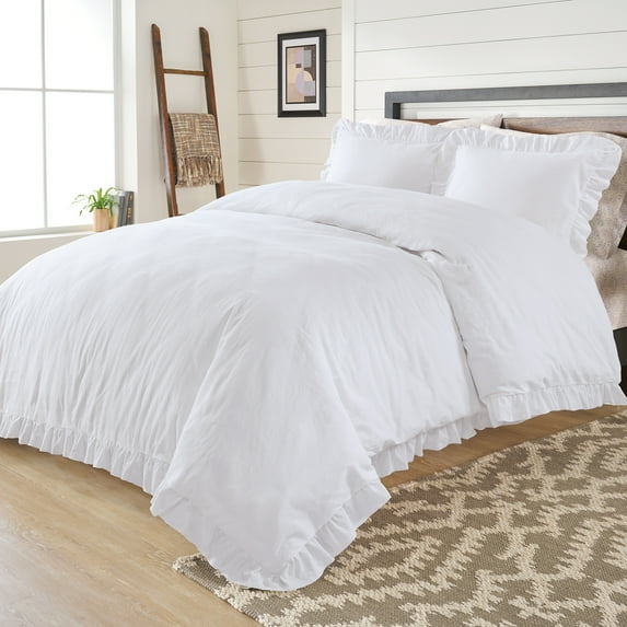 Better Homes & Gardens Raw Edge Ruffle 3 Piece Duvet Cover Set, Full/Queen, White