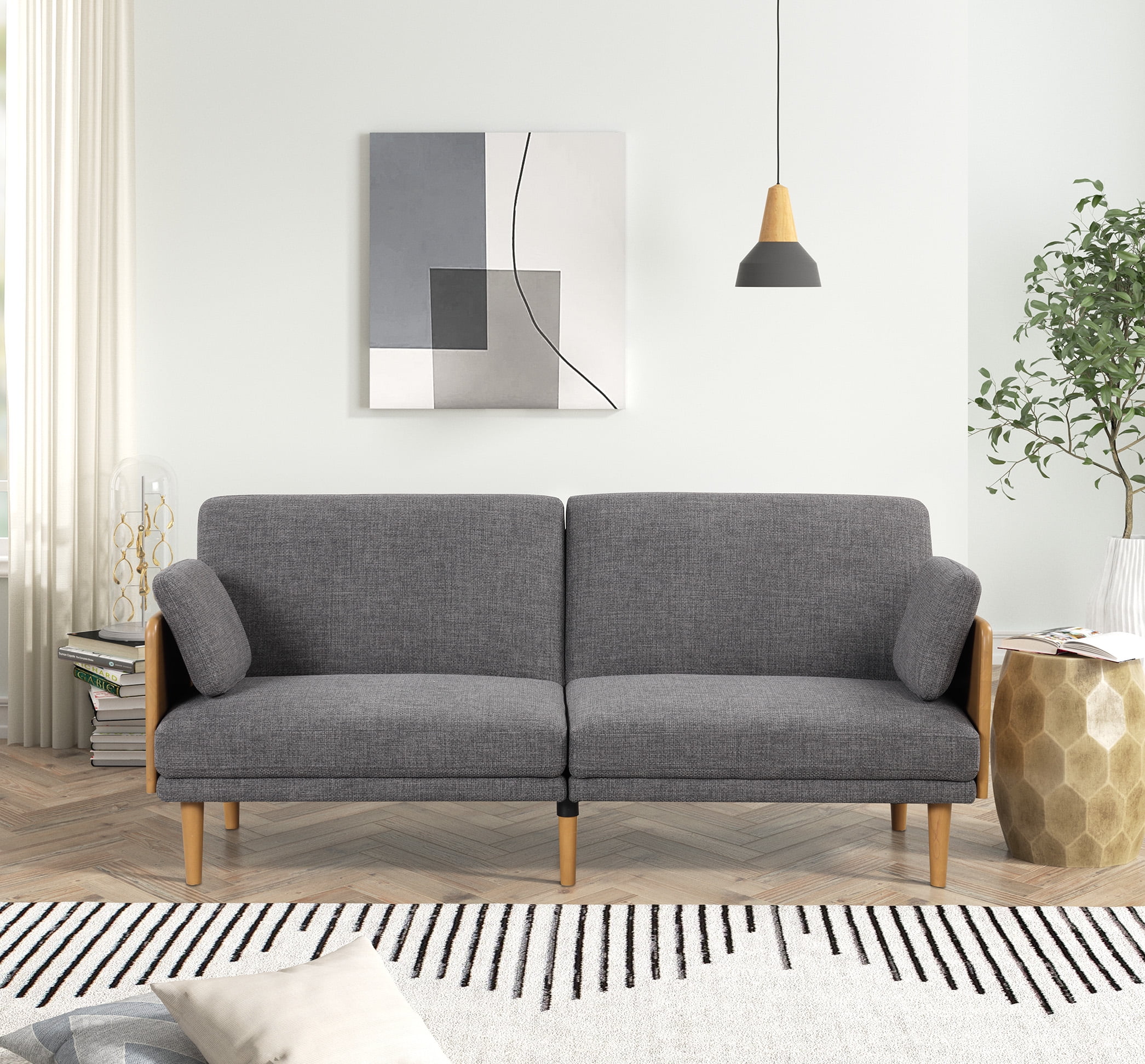 Better Homes Gardens Brandclub Better Homes Gardens 73 Reading Futon Natural Rubber Wood Legs Arms Grey Linen Fabric