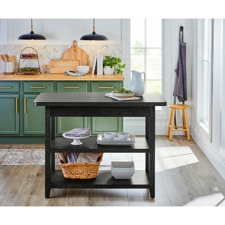 Better Homes & Gardens Reading Wood Kitchen Island with 2 Shelves and Drawers, Black Color