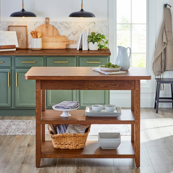 Better Homes & Gardens Reading Wood Kitchen Island with 2 Shelves and Drawers, Walnut Color