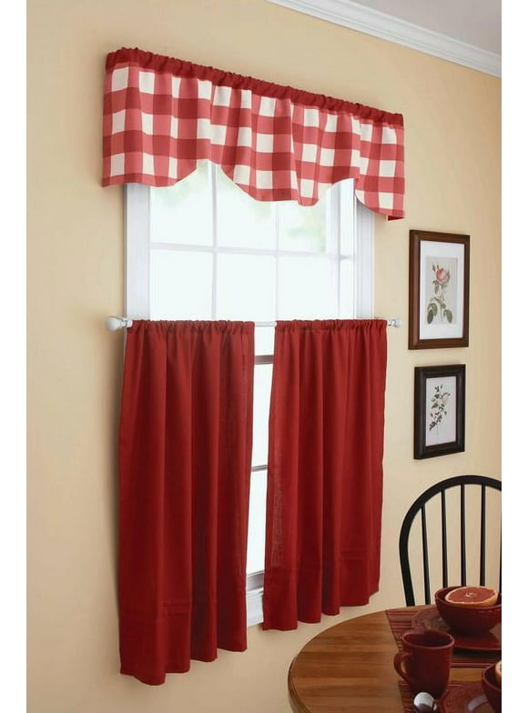Better Homes & Gardens Red Gingham Light Filtering Rod Pocket 3PC Kitchen Curtain Set, 60" x 36"