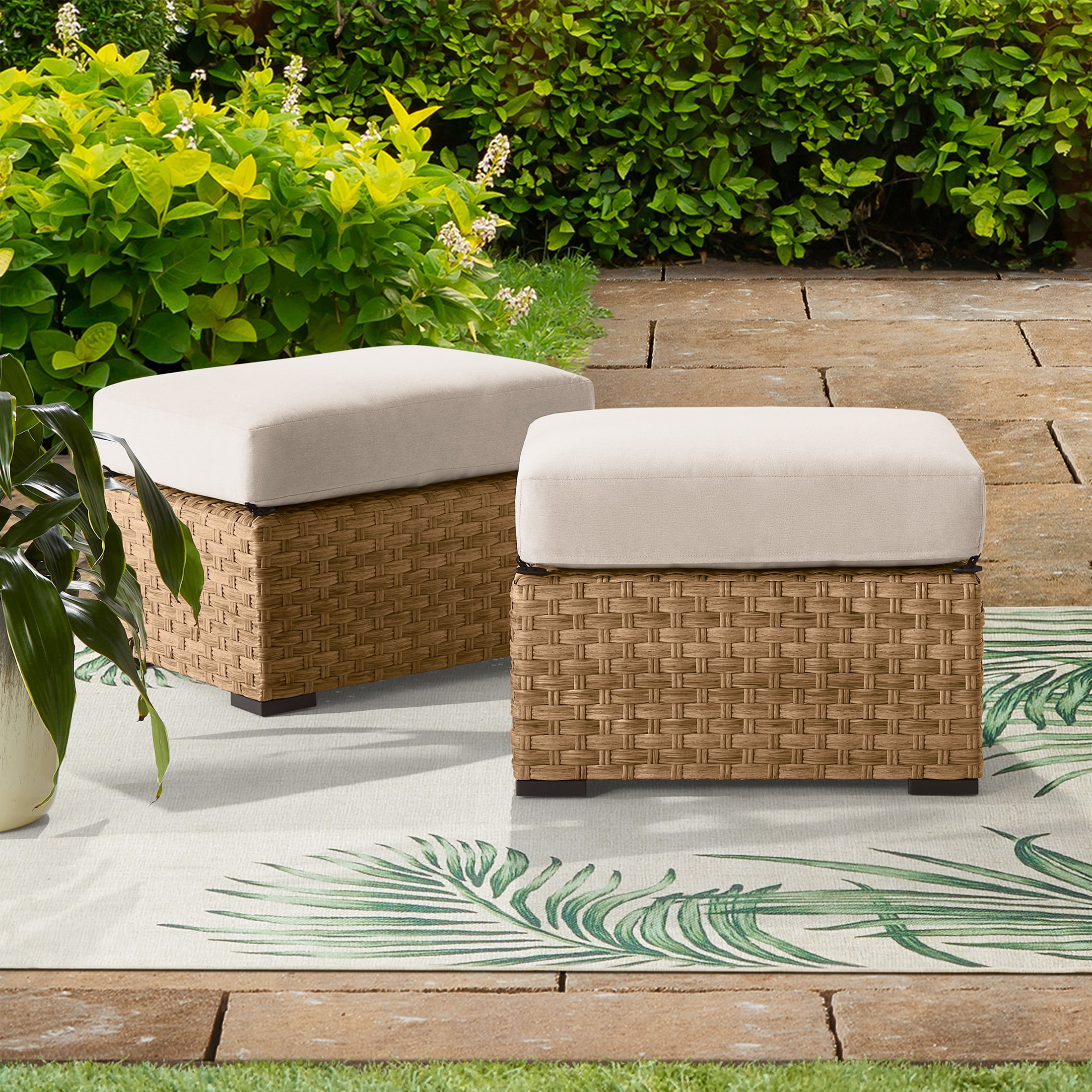 Better Homes & Gardens River Oaks All-Weather Wicker Outdoor Ottomans – 2 Pack, Natural