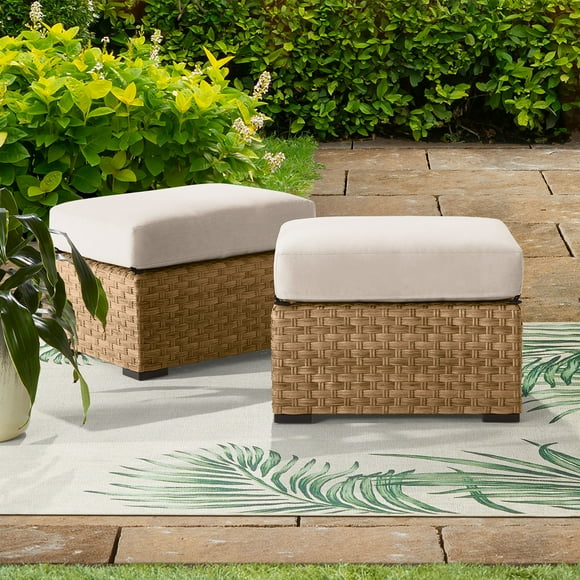 Better Homes & Gardens River Oaks All-Weather Wicker Outdoor Ottomans  2 Pack, Natural