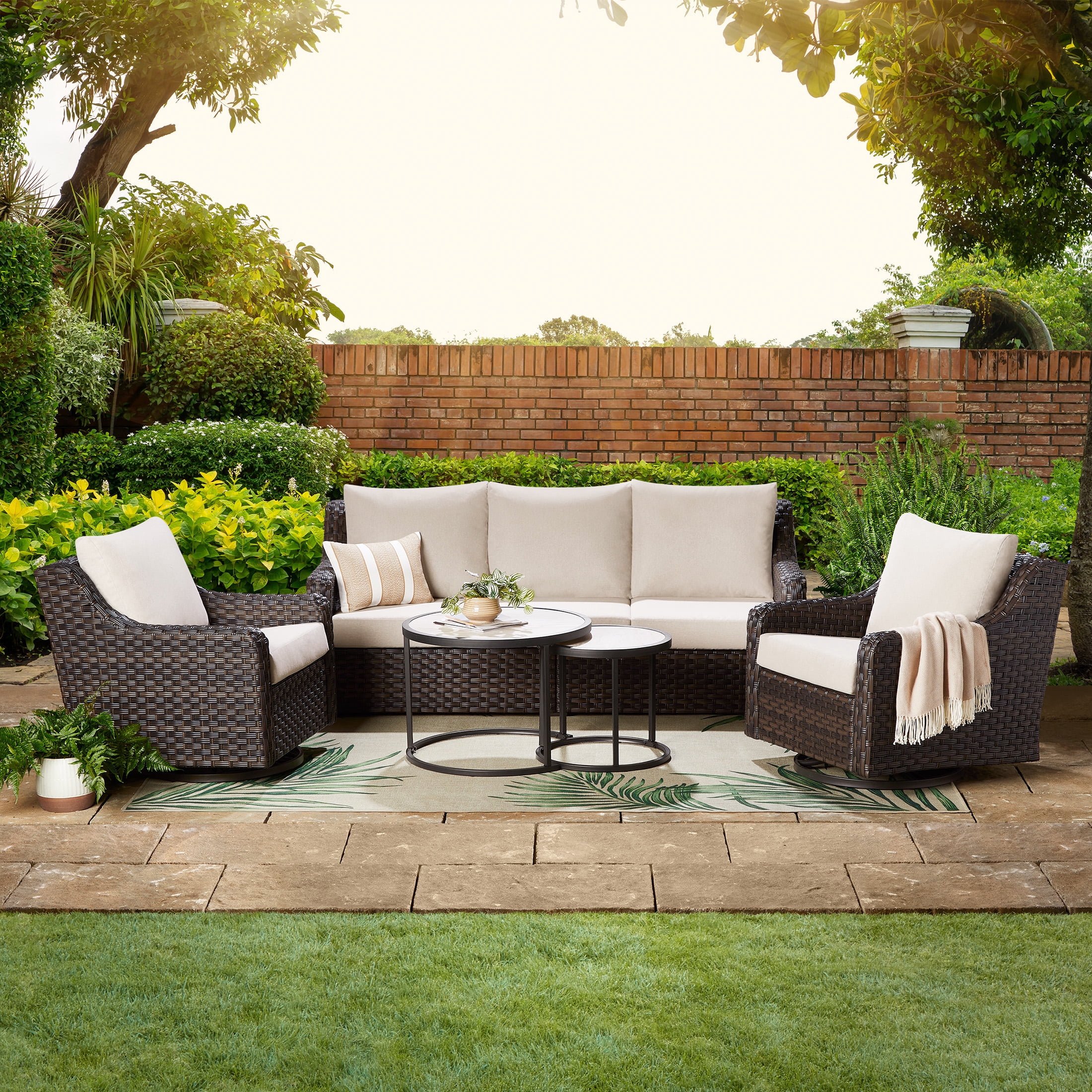 Better Homes & Gardens River Oaks Outdoor 5-Piece Wicker Conversation Set with Patio Cover, Dark Brown