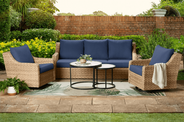 Better Homes & Gardens River Oaks Outdoor 5-Piece Wicker Conversation Set with Patio Cover,  Navy