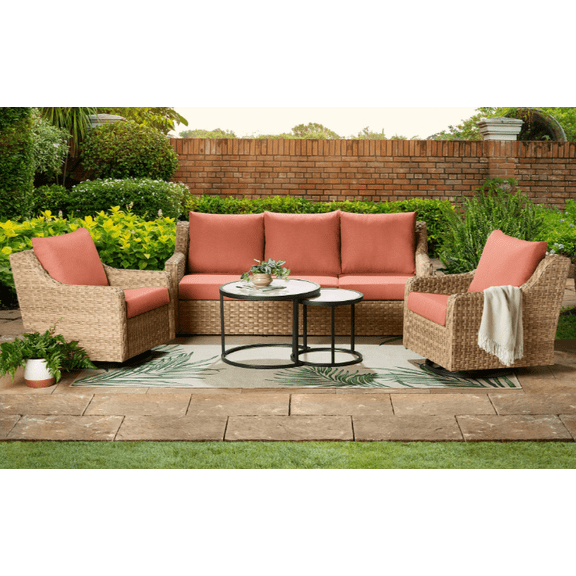 Better Homes & Gardens River Oaks Outdoor 5-Piece Wicker Conversation Set with Patio Cover,  Red