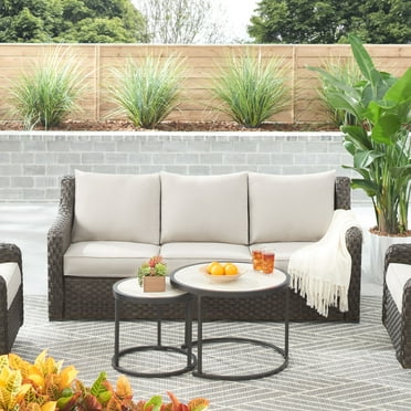 Better Homes & Gardens River Oaks Outdoor Sofa & 2 Nesting Tables with Patio Cover, Dark Brown