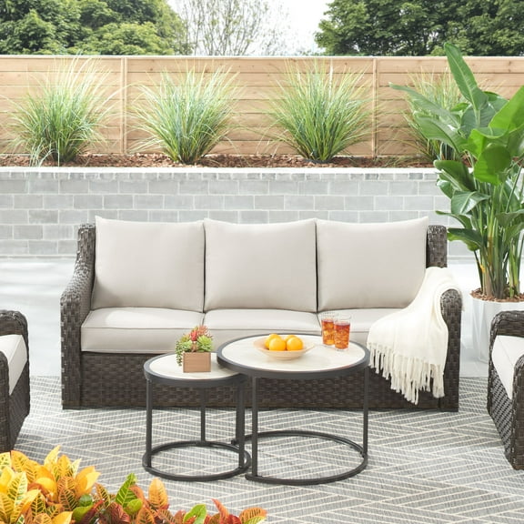 Better Homes & Gardens River Oaks Outdoor Sofa & 2 Nesting Tables with Patio Cover, Dark Brown