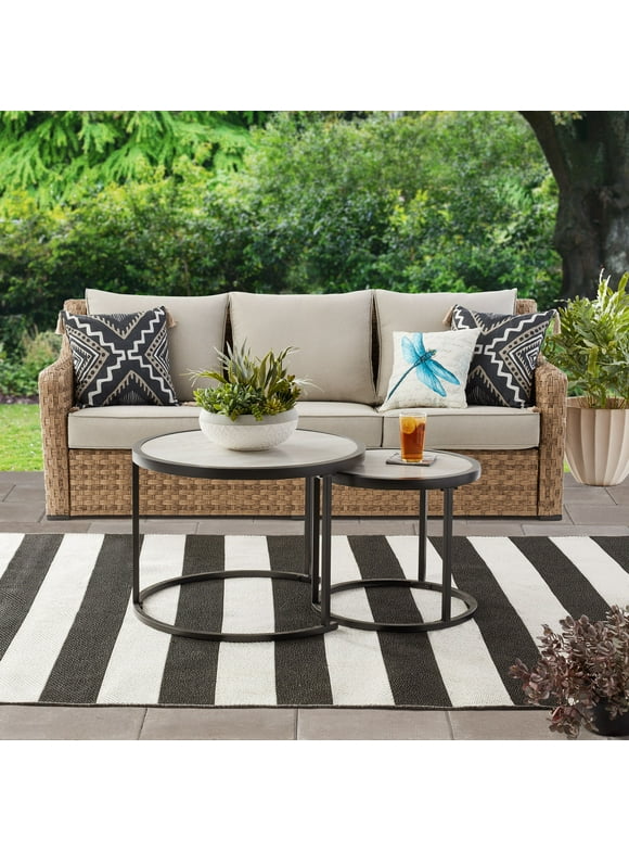 Better Homes & Gardens River Oaks Outdoor Sofa & 2 Nesting Tables with Patio Cover, Natural