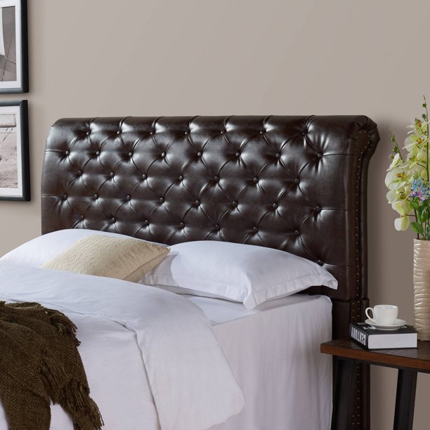 Better Homes & Gardens Rolled Tufted Headboard, Brown Bonded Leather