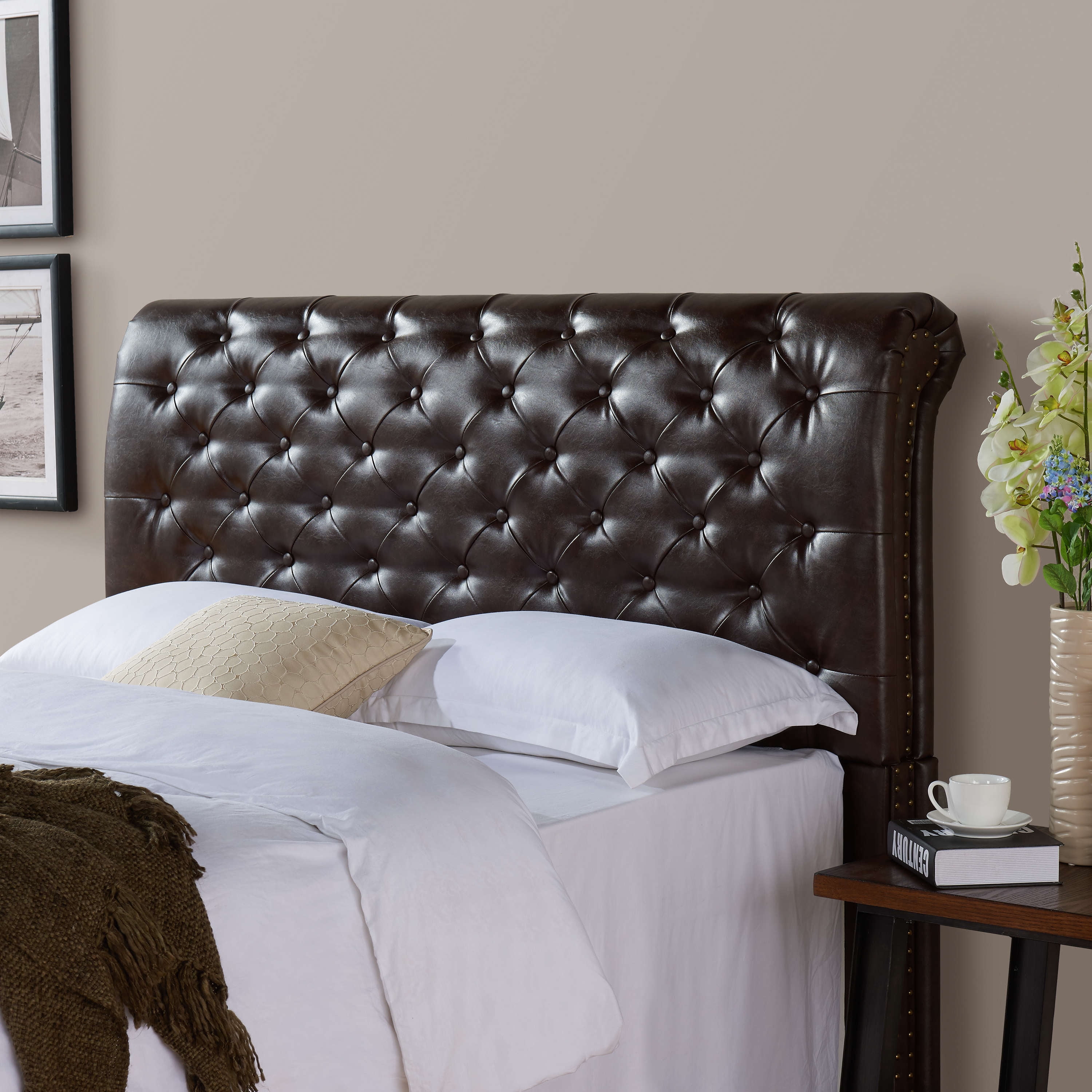 Better Homes & Gardens Rolled Tufted Headboard, Brown Bonded Leather