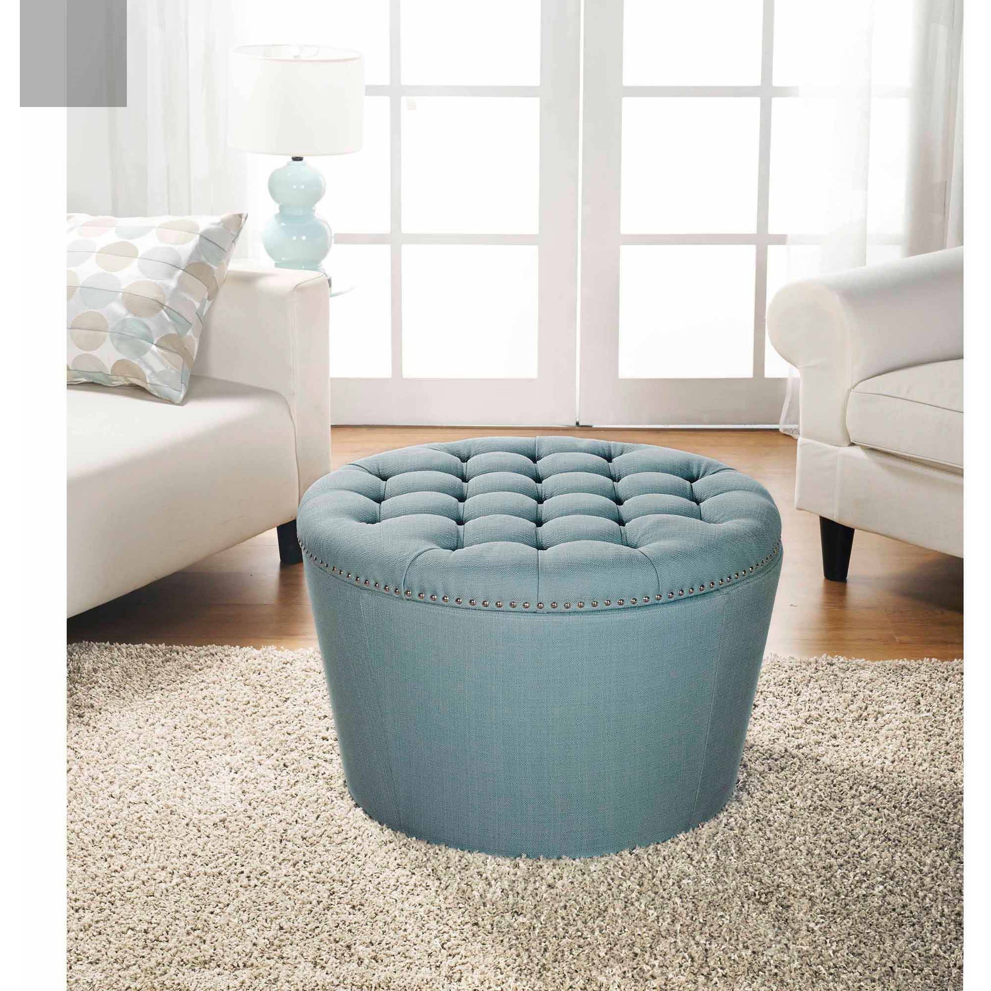 Better Homes & Gardens Round Tufted Storage Ottoman with Nailheads, Teal - image 1 of 4