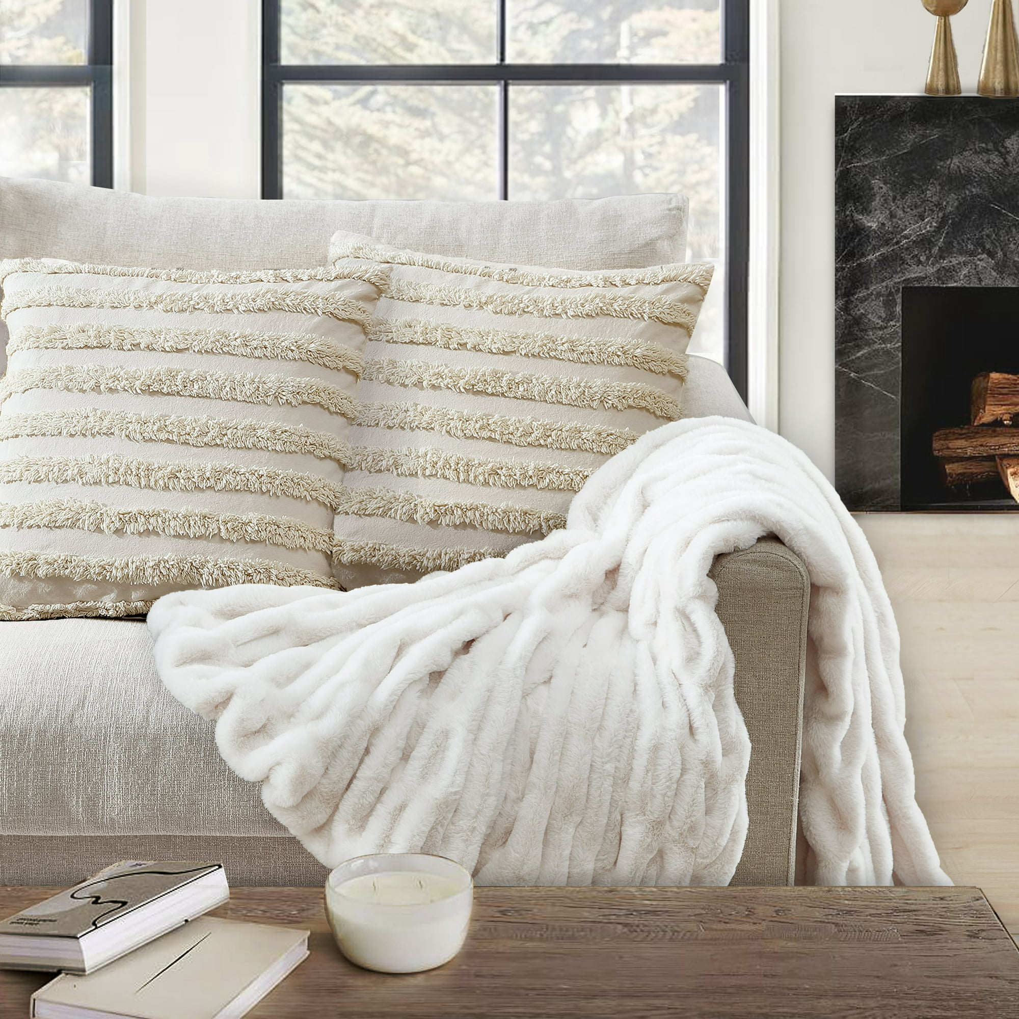 Better Homes & Gardens Ruched Faux Fur Throw Blanket, White, Standard Throw