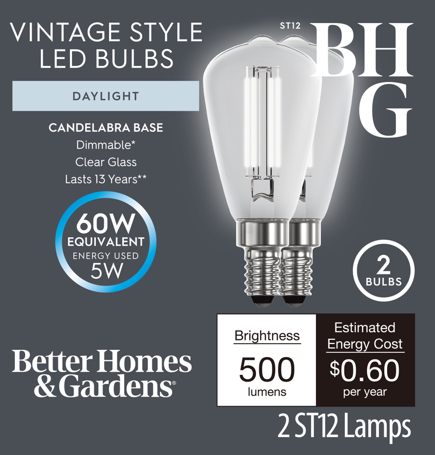 Better Homes & Gardens ST12 LED Light Bulb, 5-Watt (60W Equiv.) Daylight Dimmable E12 Base, 2PK CA