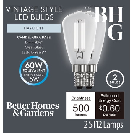 Better Homes & Gardens ST12 LED Light Bulb, 5W, 60W Equivalent, Daylight, Dimmable, E12 Candelabra Base, 2 Count