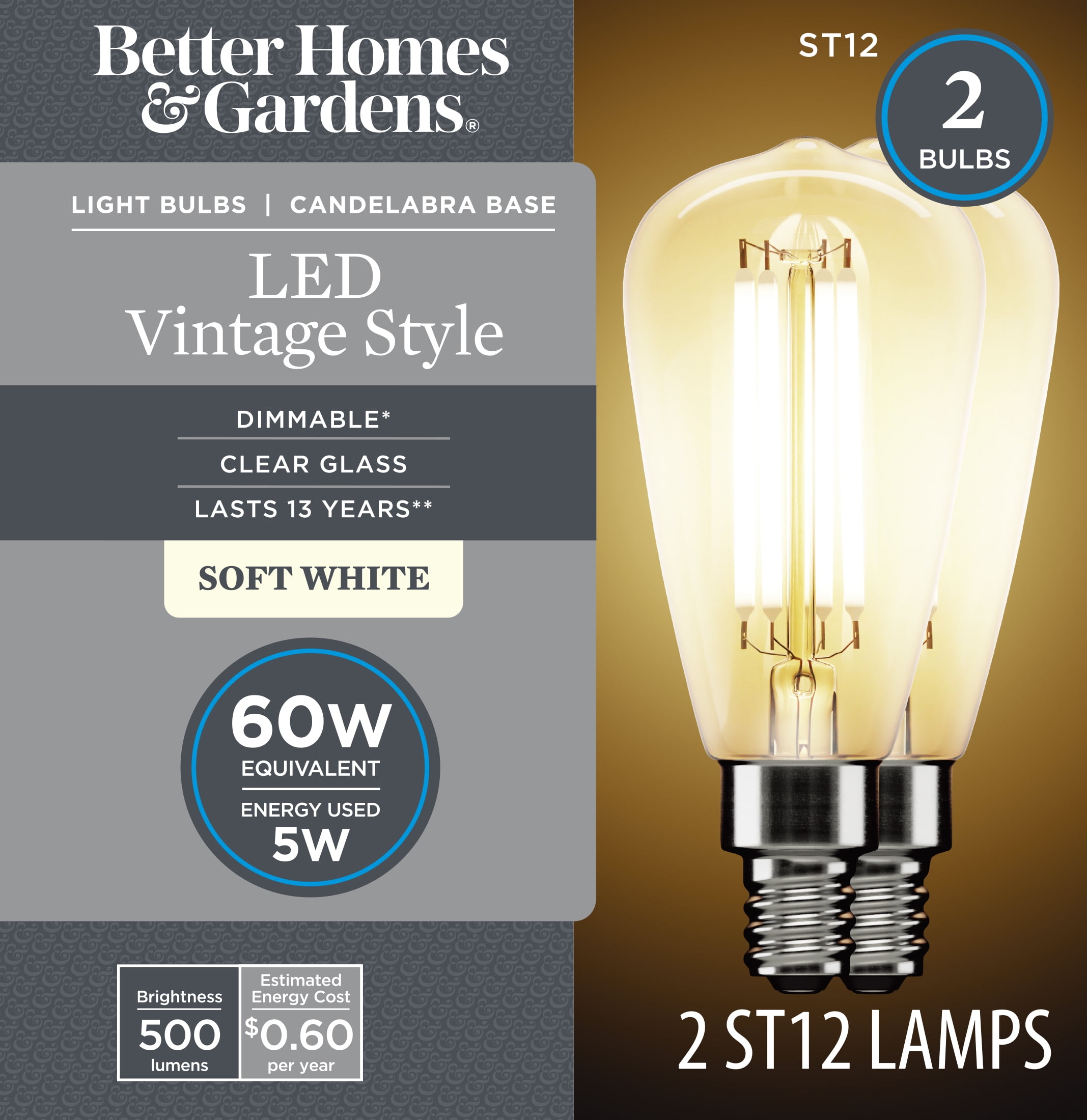 Better Homes Gardens ST12 LED Light Bulb 5 Watt 60W Equiv. Soft White Dimmable E12 Base 2PK CA