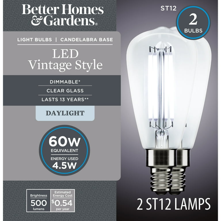 Better Homes Gardens ST12 LED Vintage Light Bulb 4.5 Watts 60W Equivalent. Daylight Dimmable E12 Base 2PK Walmart
