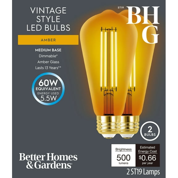 Better Homes & Gardens ST19 Dimmable LED Bulb, 5.5-Watt (60W Equiv.) Amber Glass E26 Base (2 Pack)