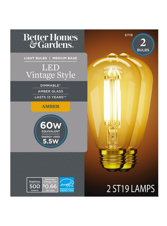 Better Homes & Gardens ST19 Dimmable LED Bulb, 5.5-Watt (60W Equiv.) Amber Glass E26 Base (2 Pack)