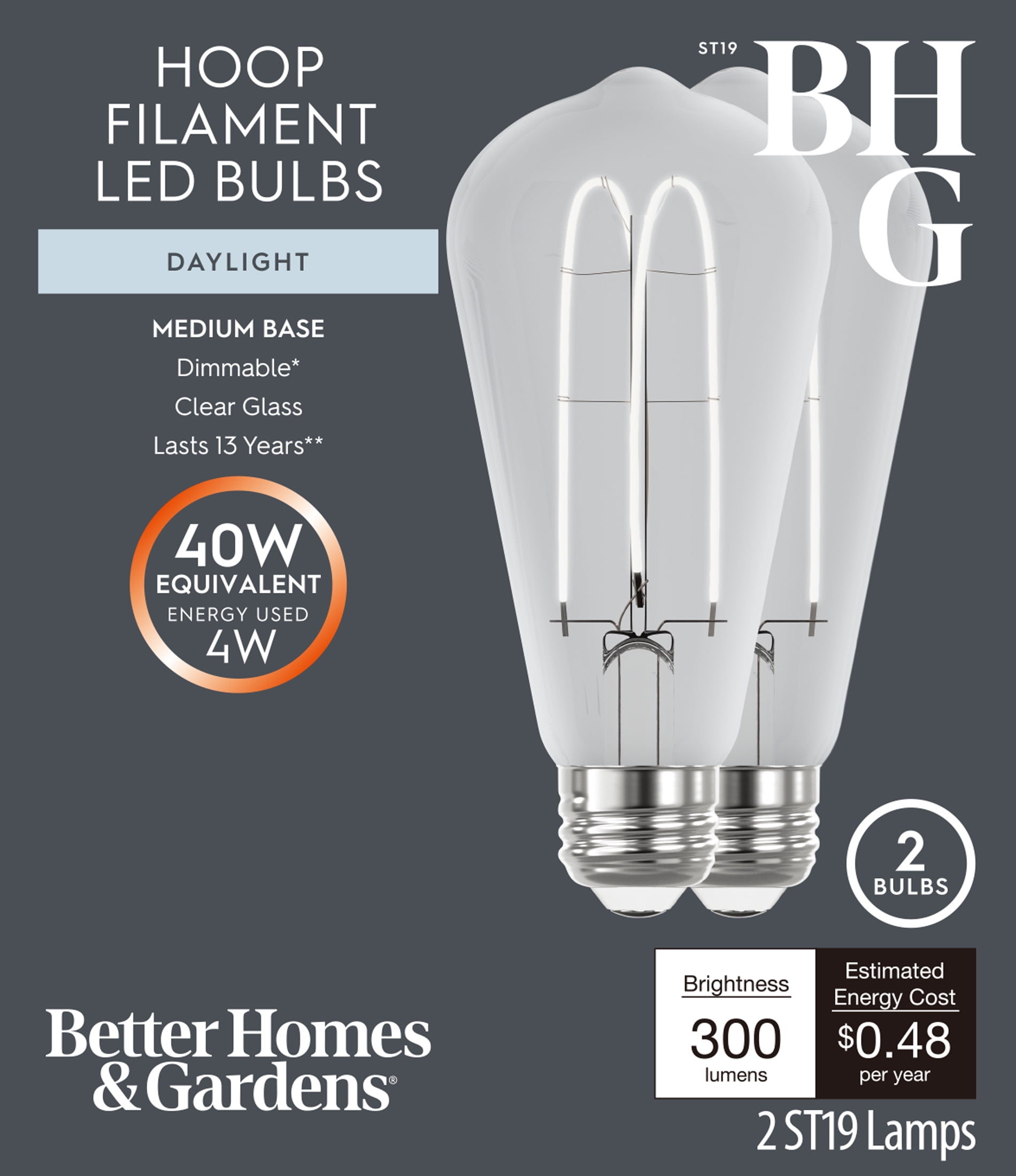 Better Homes & Gardens ST19 LED Vintage Bulb 4W(40 Equivalent) Daylight, Dimmable E26 Base(2 Pack)