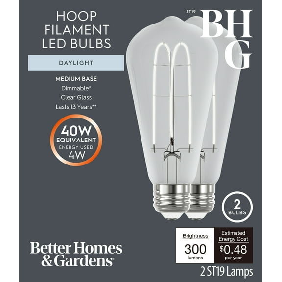 Better Homes & Gardens ST19 LED Vintage Bulb 4W(40 Equivalent) Daylight, Dimmable E26 Base(2 Pack)