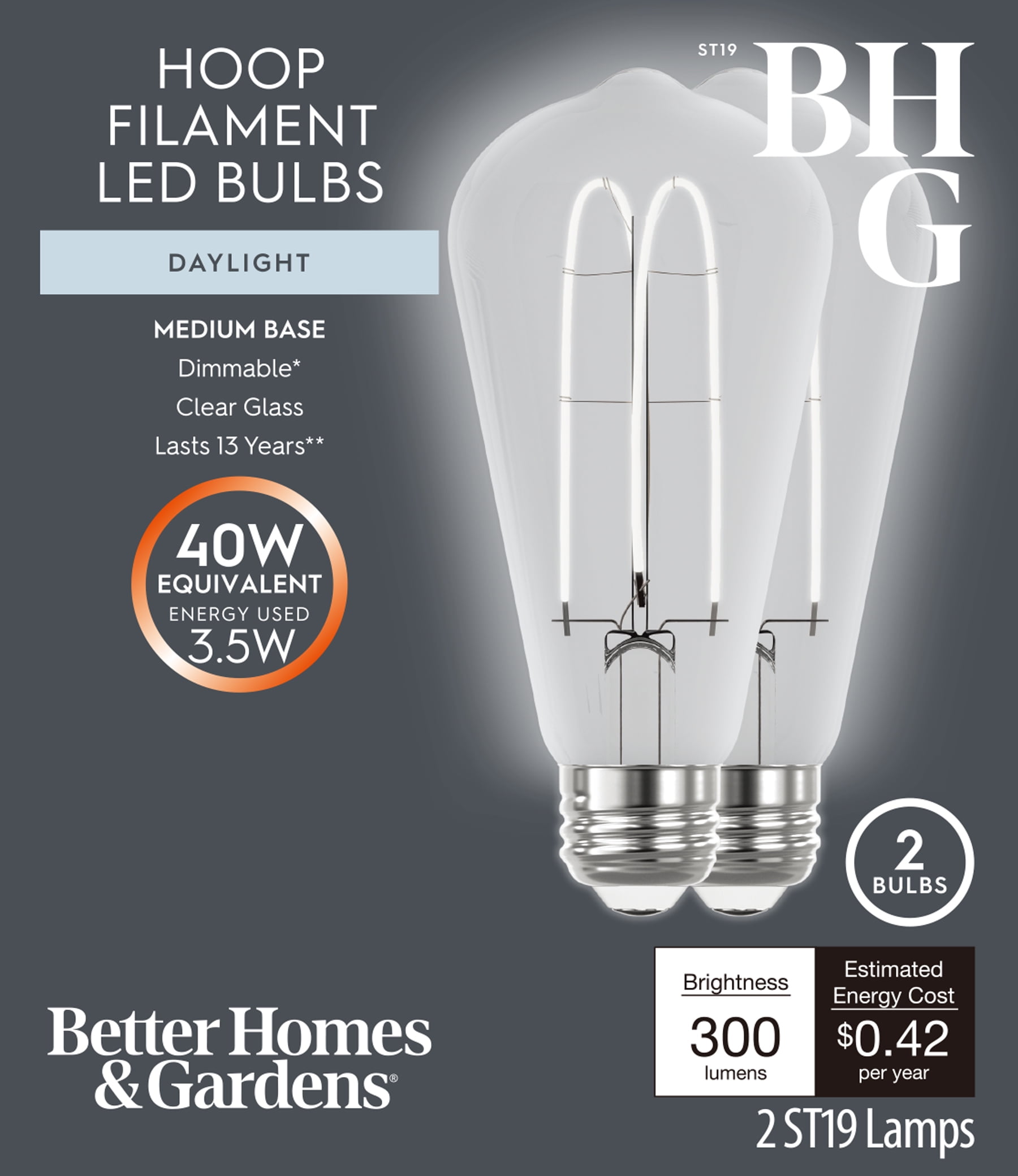 Better Homes & Gardens ST19 LED Vintage Light Bulb, 3.5W (40 Equivalent) Daylight Dimmable E26 Base 2 Pack