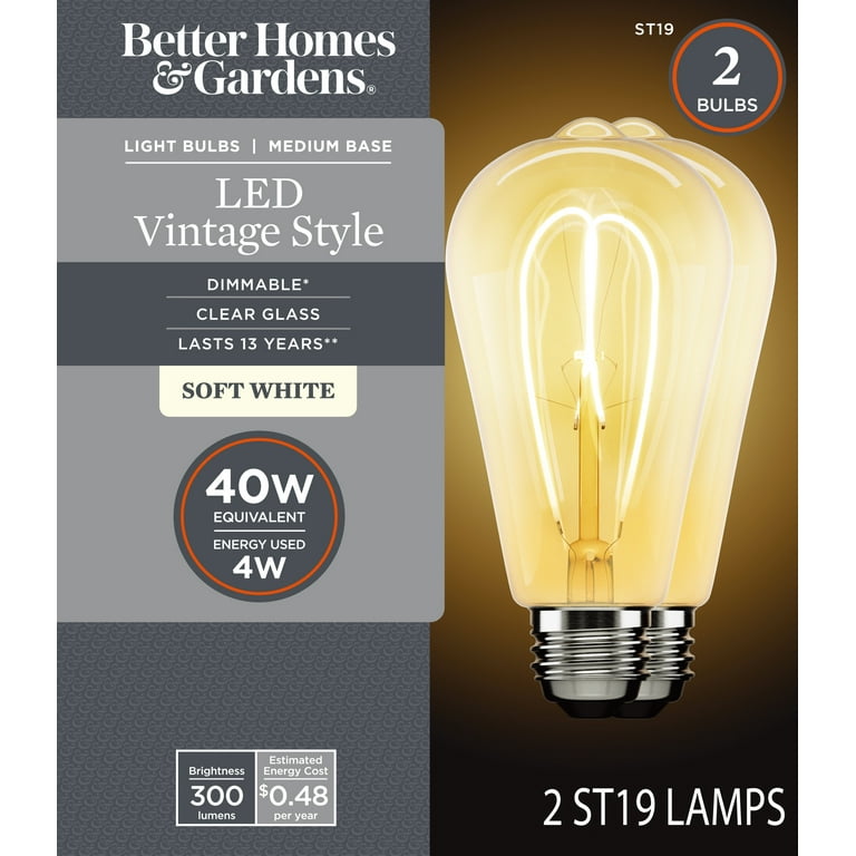 Better Homes Gardens ST19 LED Vintage Light Bulb 4 Watts 40W Equivalent Soft White Spiral Filament E26 2PK