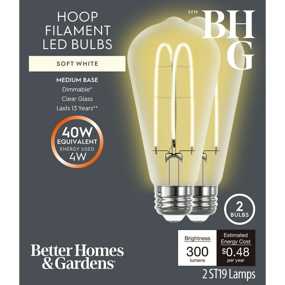 Better Homes &Gardens ST19 LED Vintage Bulb 4W(40 Equivalent) Soft White, Dimmable E26 Base(2 Pack)