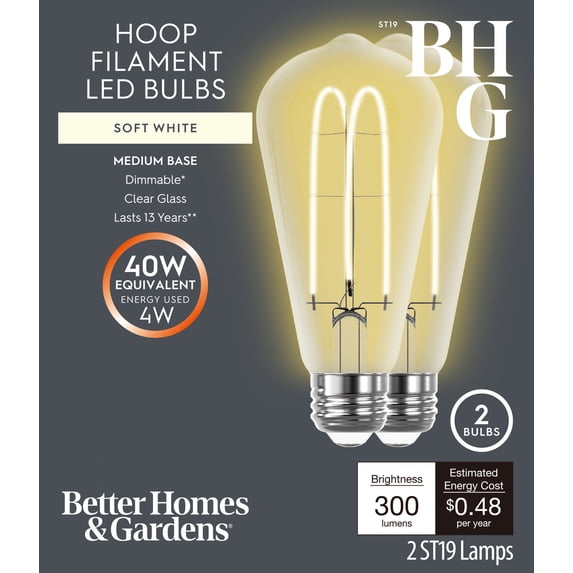 Better Homes & Gardens ST19 LED Vintage Bulb 4W (40W Equivalent) Soft White E26 Dimmable 2-Pack