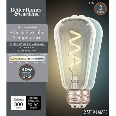 Better Homes & Gardens ST19 Vintage LED Edison Light Bulbs, 4.5W (40W Equivalent), E26 Medium Base, Dimmable, 3CCT Selectable (2700K/3300K/5000K), Clear Spiral Filament, 2 Pack