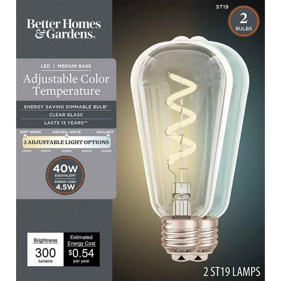 Better Homes & Gardens ST19 LED Vintage Bulb, 4.5 W (40 W eq.), 2-Pack