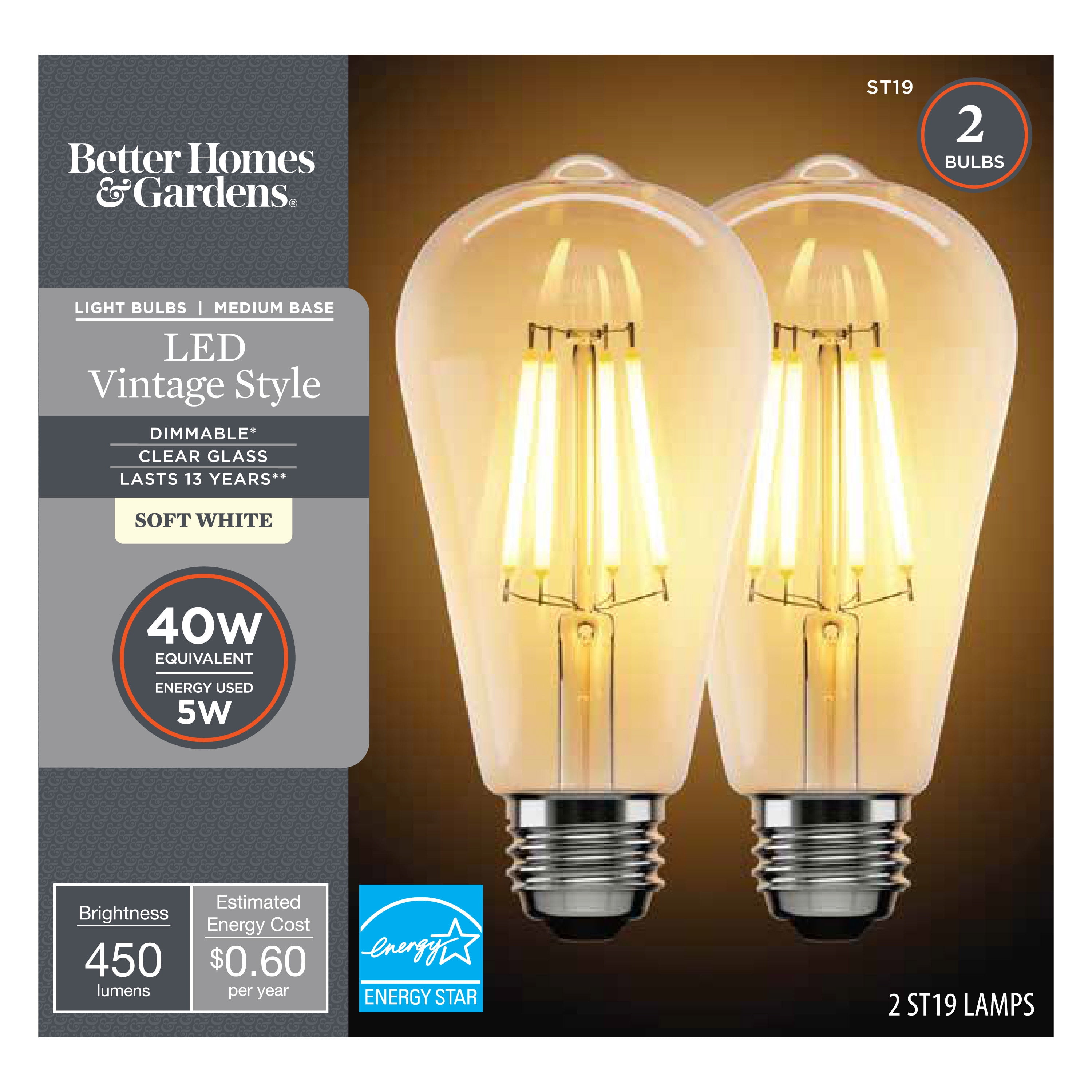 Better Homes & Gardens ST19 Vintage LED Light Bulb, 40 Watts Equivalent, 5 Watts Efficient, Dimmable, 2700K, Soft White, Clear Finish - 4 Pk