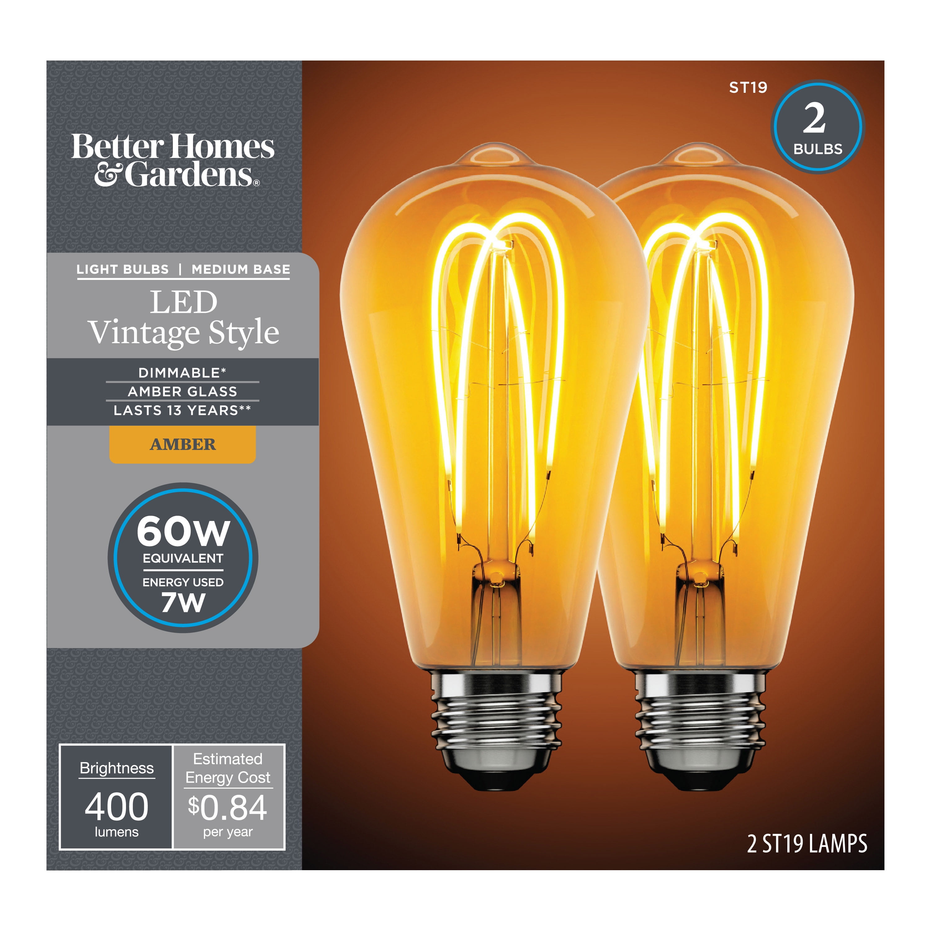 Better Homes & Gardens LED Vintage Style Light Bulb, ST19 40 Watts Daylight Classic Filament, Medium Base, Dimmable - 2 Pk -